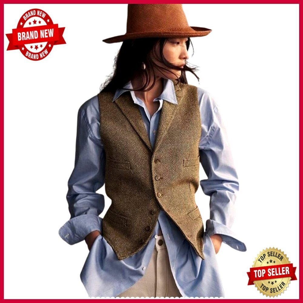 Herringbone Tweed Waistcoat Sleeveless Blazer Vest Regular Fit Medium